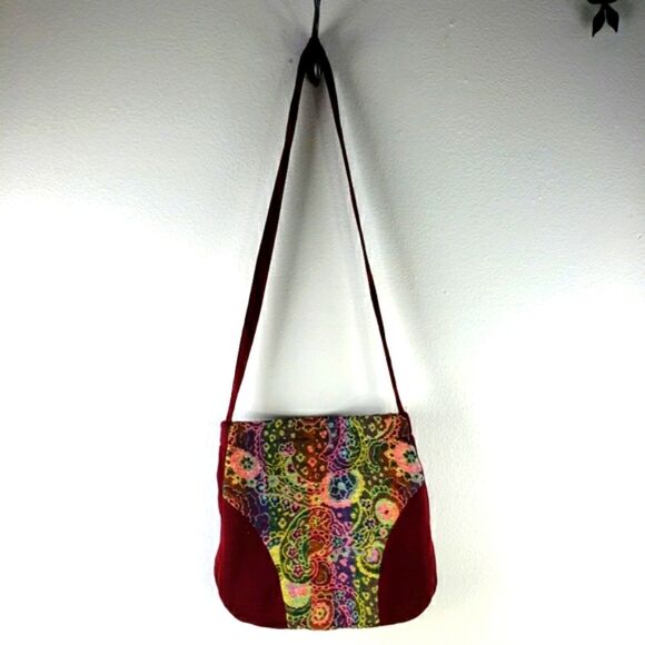 Women's Vintage Rainbow Paisley Red Material Zip Closure Crossbody - Picture 2 of 10